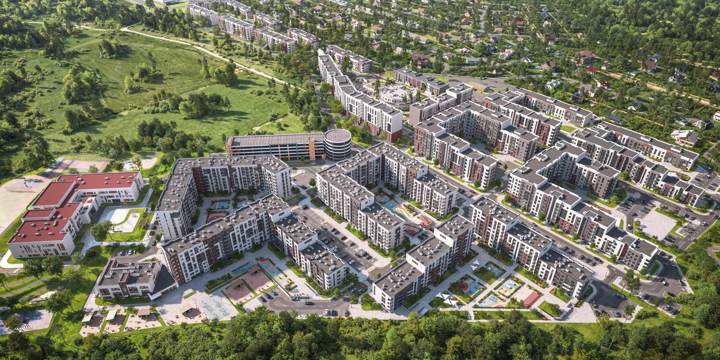 Квартал «Новая Щербинка» с высоты — корпуса у леса